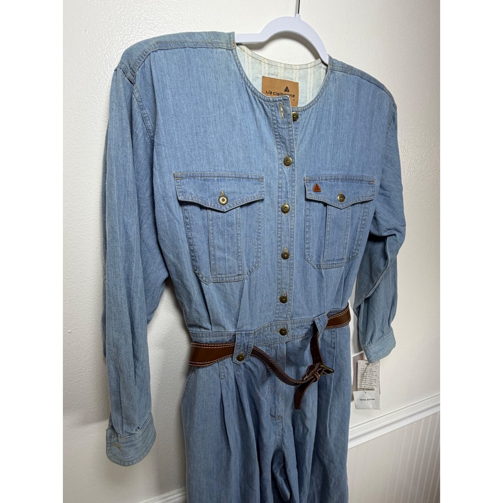 Liz‎ Claiborne Vintage Denim Jumpsuit Light Wash Cotton Belted NWT Size 14 - Picture 3 of 12